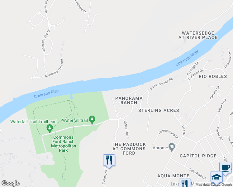 map of restaurants, bars, coffee shops, grocery stores, and more near 10810 River Terrace Circle in Austin