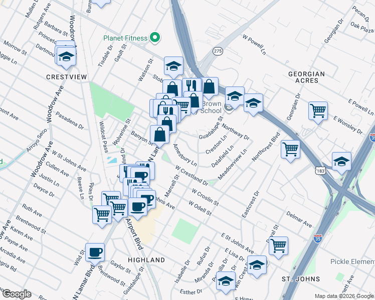 map of restaurants, bars, coffee shops, grocery stores, and more near 605 Bissonet Lane in Austin