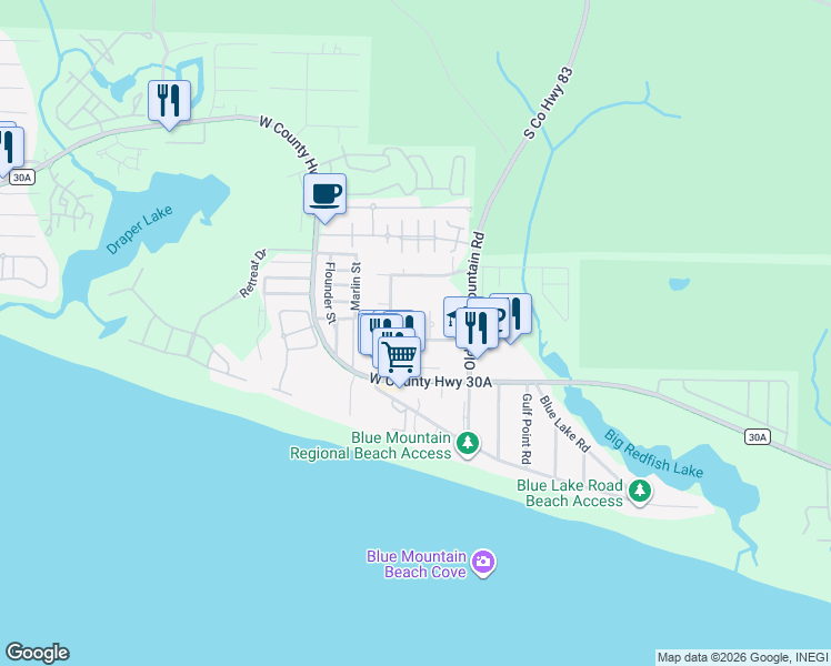 map of restaurants, bars, coffee shops, grocery stores, and more near 142 Rolling Dunes Drive in Santa Rosa Beach