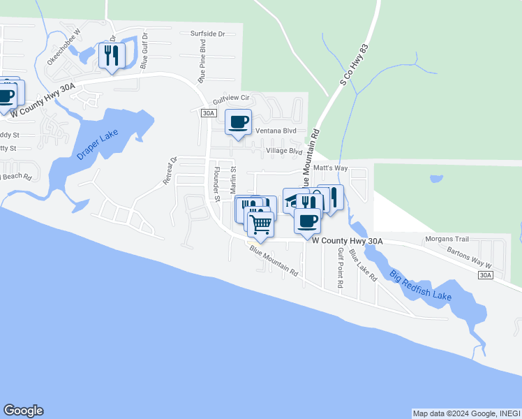 map of restaurants, bars, coffee shops, grocery stores, and more near 156 Rolling Dunes Drive in Santa Rosa Beach