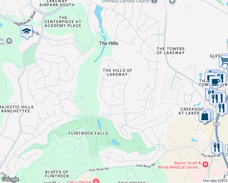 map of restaurants, bars, coffee shops, grocery stores, and more near 14 Glen Rock Dr in The Hills