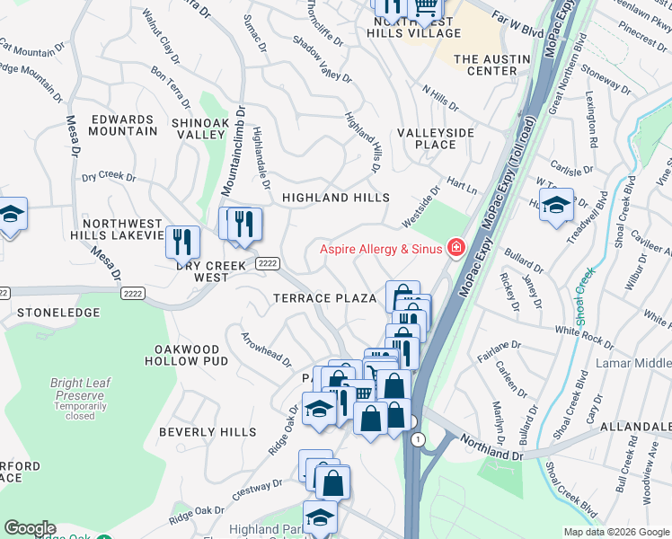 map of restaurants, bars, coffee shops, grocery stores, and more near 5811 Highland Hills Drive in Austin