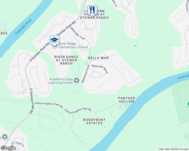 map of restaurants, bars, coffee shops, grocery stores, and more near 12005 Montclair Bend in Austin