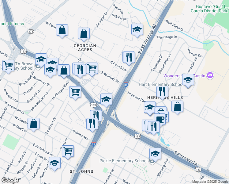 map of restaurants, bars, coffee shops, grocery stores, and more near 500 East Anderson Lane in Austin