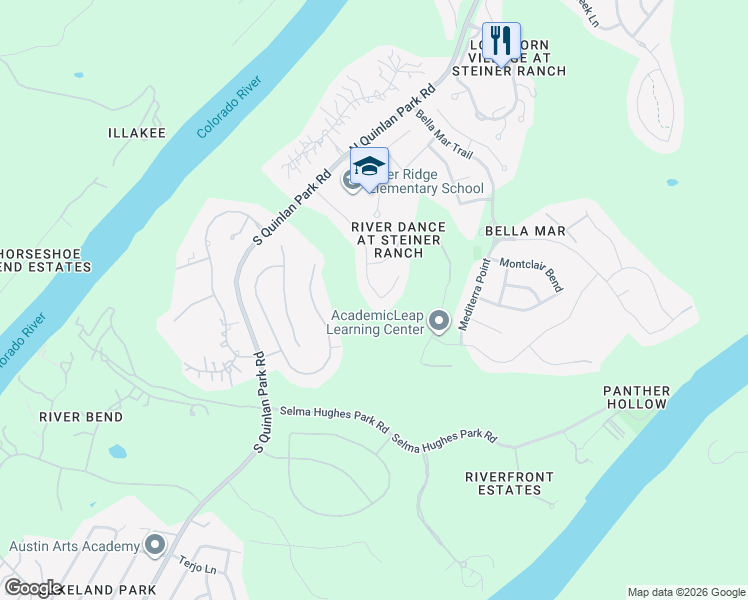 map of restaurants, bars, coffee shops, grocery stores, and more near 12601 Tierra Grande Trail in Austin