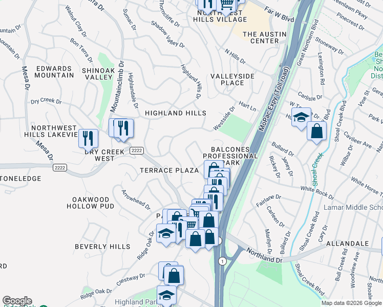 map of restaurants, bars, coffee shops, grocery stores, and more near 5815 Trailridge Drive in Austin