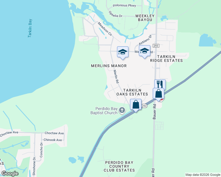 map of restaurants, bars, coffee shops, grocery stores, and more near 515 Sandy Oak Drive in Pensacola