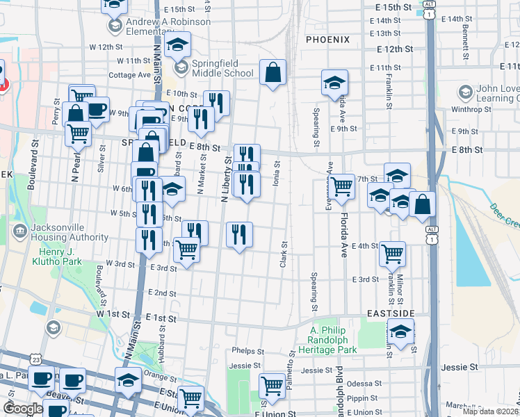 map of restaurants, bars, coffee shops, grocery stores, and more near 1533 Walnut Street in Jacksonville