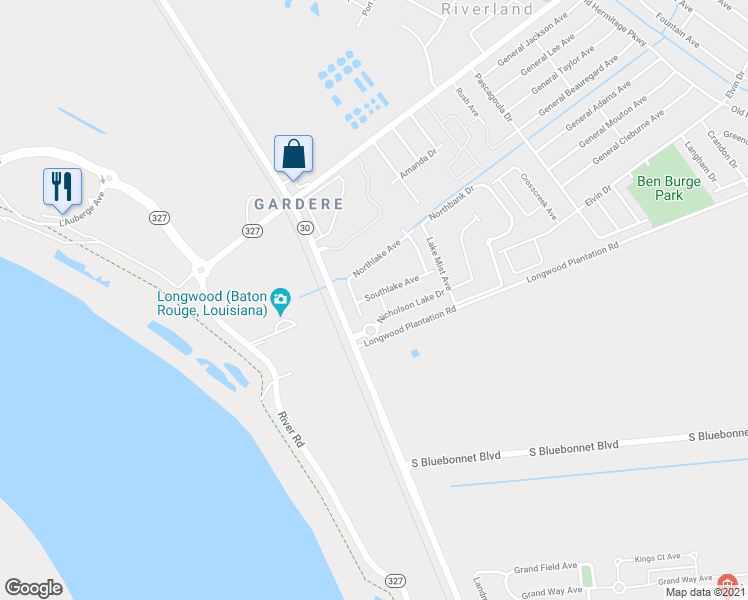 map of restaurants, bars, coffee shops, grocery stores, and more near 9012 Crosslake Drive in Baton Rouge