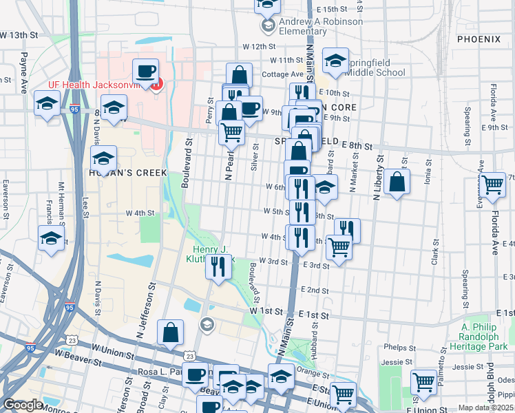 map of restaurants, bars, coffee shops, grocery stores, and more near 143 West 5th Street in Jacksonville