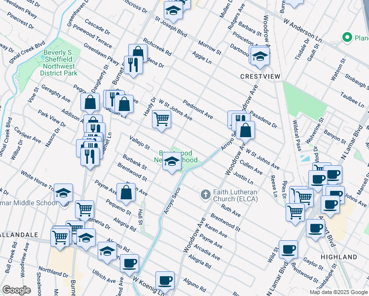map of restaurants, bars, coffee shops, grocery stores, and more near 1711 Justin Lane in Austin