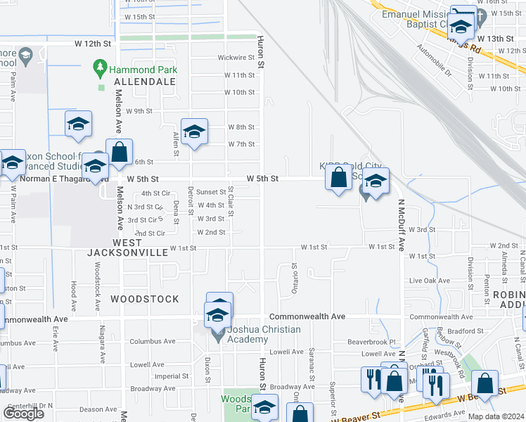 map of restaurants, bars, coffee shops, grocery stores, and more near 1229 Huron St in Jacksonville
