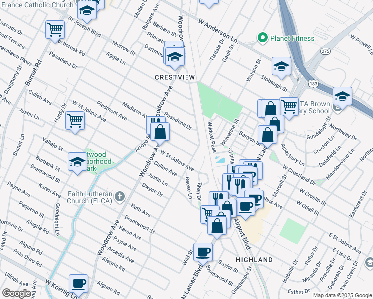 map of restaurants, bars, coffee shops, grocery stores, and more near 1208 Piedmont Avenue in Austin