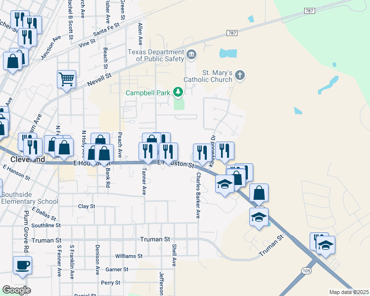map of restaurants, bars, coffee shops, grocery stores, and more near 303 Sleepy Hollow Drive in Cleveland
