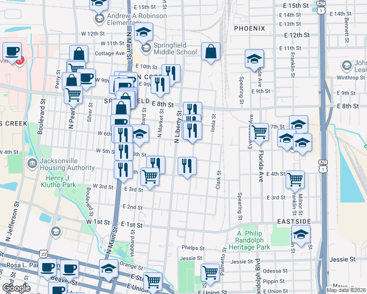 map of restaurants, bars, coffee shops, grocery stores, and more near 1525 North Liberty Street in Jacksonville