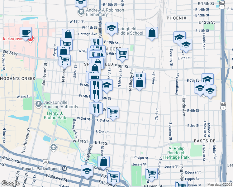 map of restaurants, bars, coffee shops, grocery stores, and more near 1517 North Market Street in Jacksonville