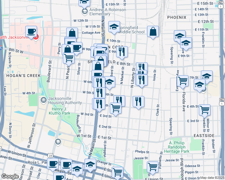 map of restaurants, bars, coffee shops, grocery stores, and more near 1507 Hubbard Street in Jacksonville