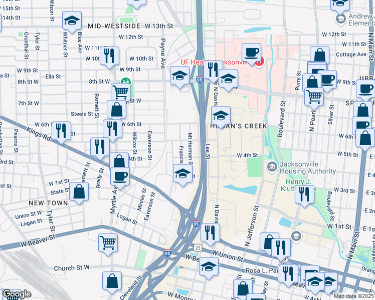 map of restaurants, bars, coffee shops, grocery stores, and more near 1415 Mount Herman Street in Jacksonville