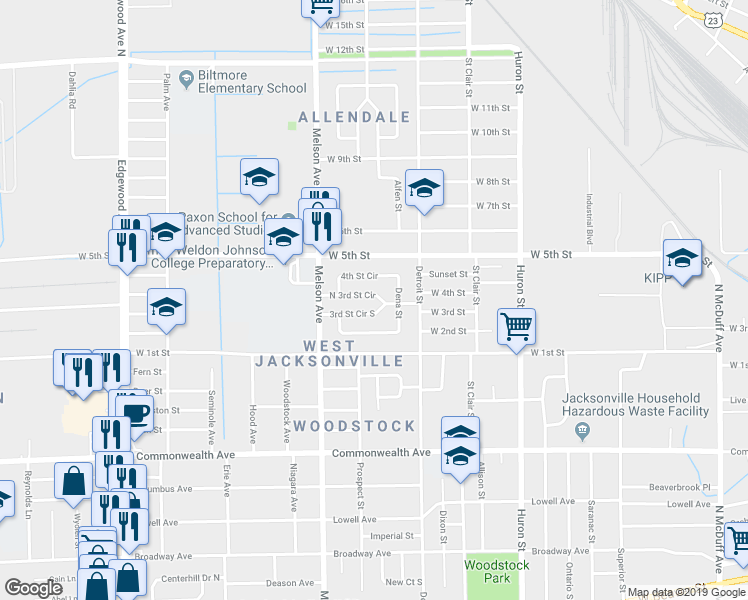map of restaurants, bars, coffee shops, grocery stores, and more near 3106 North 3rd Street Circle in Jacksonville