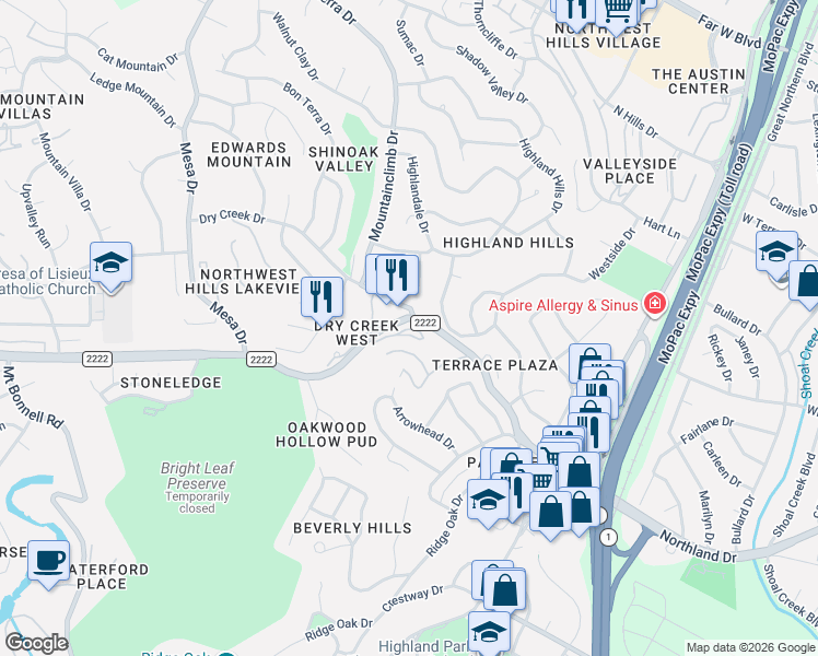 map of restaurants, bars, coffee shops, grocery stores, and more near 3845 Ranch Road 2222 in Austin