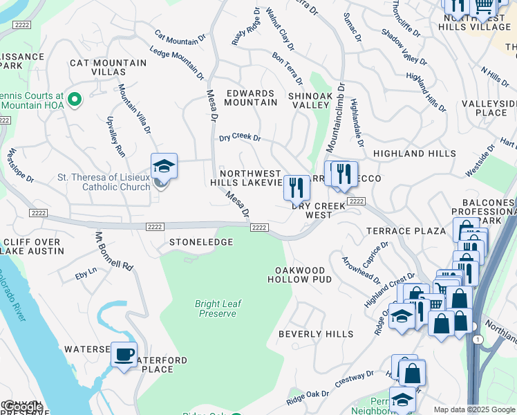 map of restaurants, bars, coffee shops, grocery stores, and more near 5701 Mesa Drive in Austin