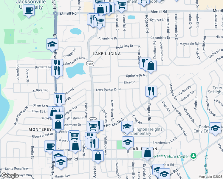 map of restaurants, bars, coffee shops, grocery stores, and more near 6072 Terry Parker Drive North in Jacksonville