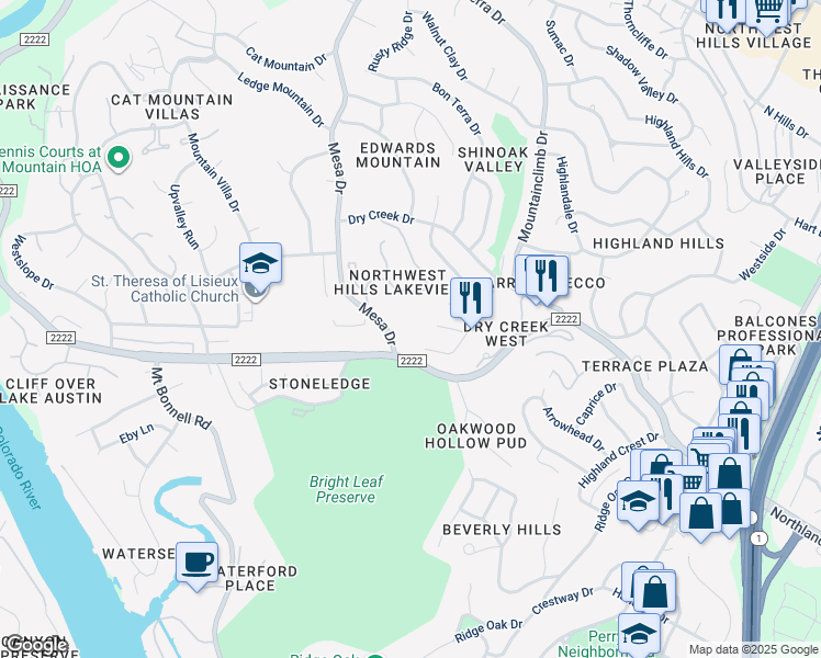 map of restaurants, bars, coffee shops, grocery stores, and more near 5715 Mesa Drive in Austin