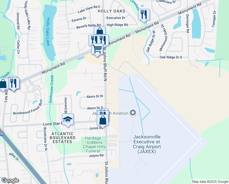 map of restaurants, bars, coffee shops, grocery stores, and more near 1231 Saint Johns Bluff Road North in Jacksonville