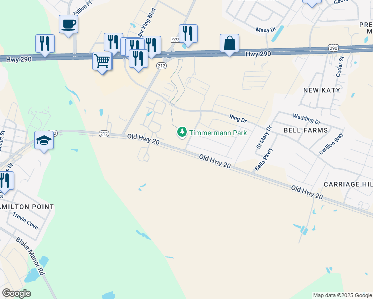 map of restaurants, bars, coffee shops, grocery stores, and more near 12405 Woodcock Way in Manor