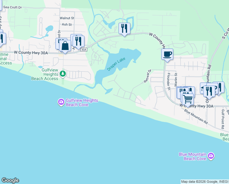 map of restaurants, bars, coffee shops, grocery stores, and more near 54 Tortola Lane in Santa Rosa Beach