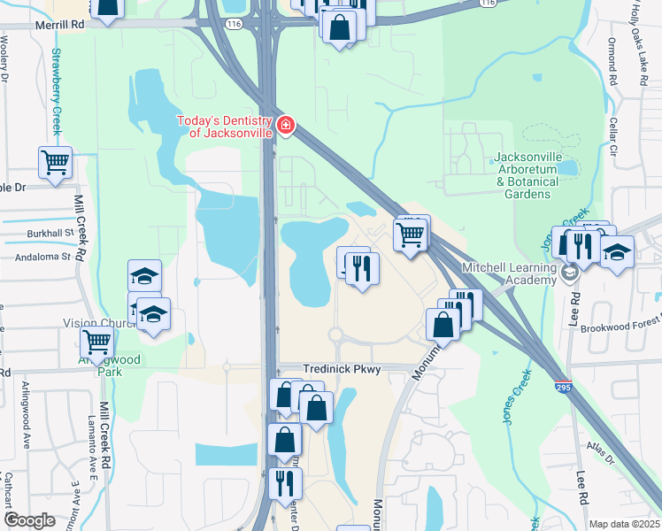 map of restaurants, bars, coffee shops, grocery stores, and more near 1290 Kendall Point Drive in Jacksonville