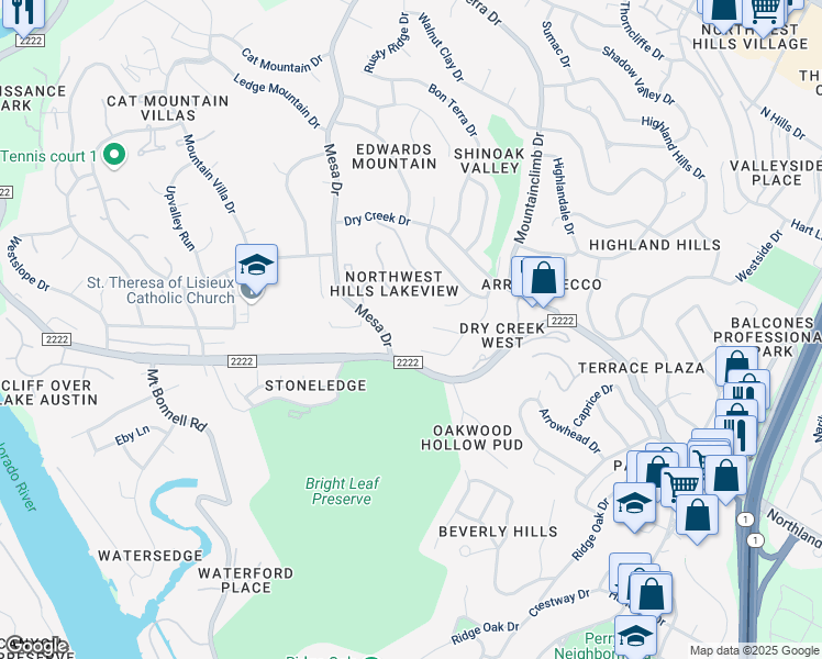 map of restaurants, bars, coffee shops, grocery stores, and more near 5701 Mesa Drive in Austin