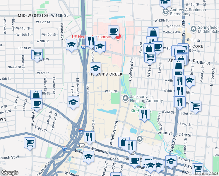 map of restaurants, bars, coffee shops, grocery stores, and more near 1419 Louisiana Street in Jacksonville