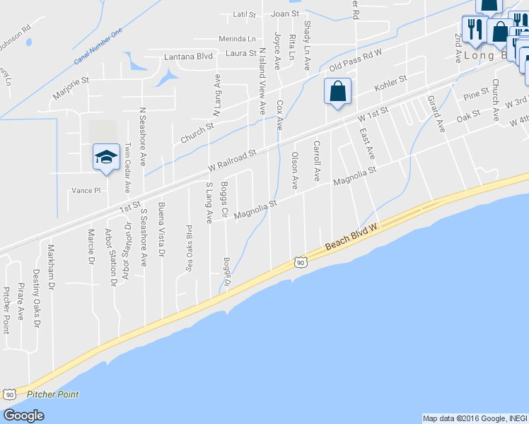 map of restaurants, bars, coffee shops, grocery stores, and more near 200 South Island View Avenue in Long Beach