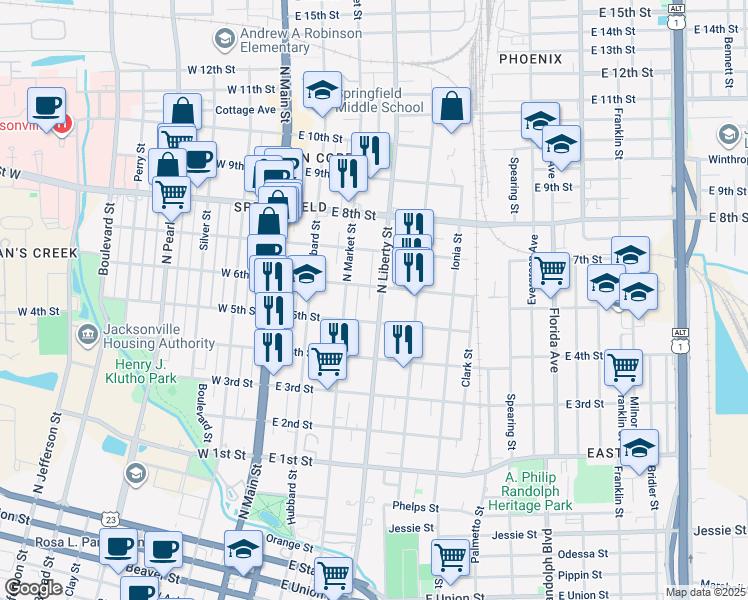map of restaurants, bars, coffee shops, grocery stores, and more near 1536 North Liberty Street in Jacksonville