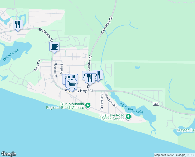 map of restaurants, bars, coffee shops, grocery stores, and more near 237 Cabana Trail in Santa Rosa Beach