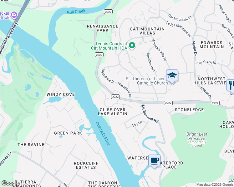 map of restaurants, bars, coffee shops, grocery stores, and more near 4707 Westslope Circle in Austin