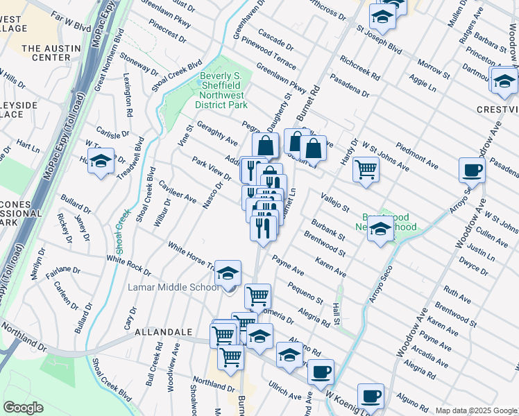 map of restaurants, bars, coffee shops, grocery stores, and more near 6610 Burnet Road in Austin