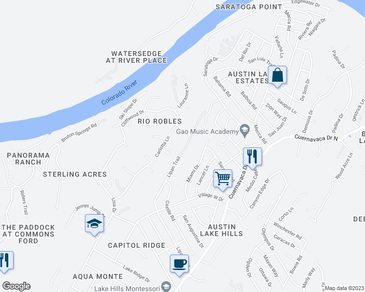 map of restaurants, bars, coffee shops, grocery stores, and more near 1606 Lipan Trail in Austin