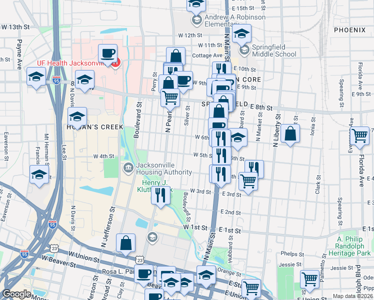 map of restaurants, bars, coffee shops, grocery stores, and more near 143 West 5th Street in Jacksonville