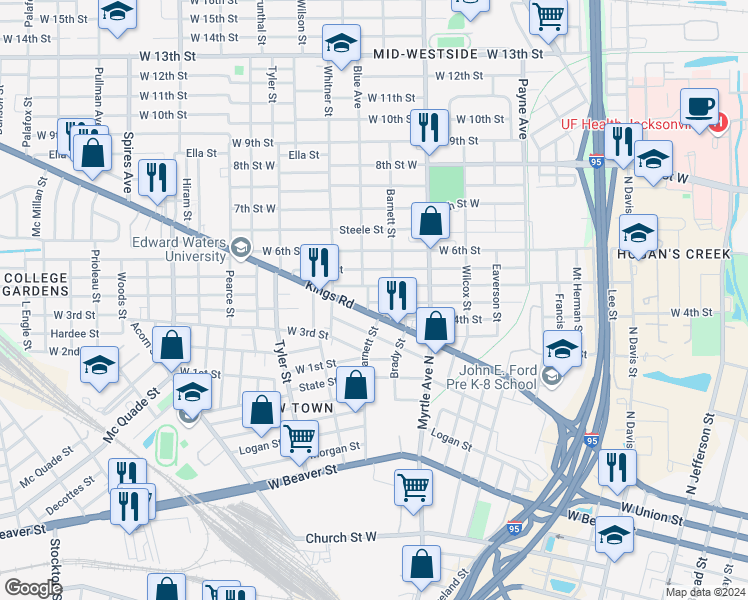 map of restaurants, bars, coffee shops, grocery stores, and more near 1409 Kings Road in Jacksonville