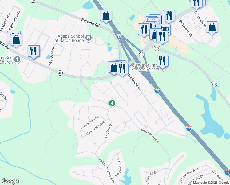 map of restaurants, bars, coffee shops, grocery stores, and more near 316 West Greens Drive in Baton Rouge