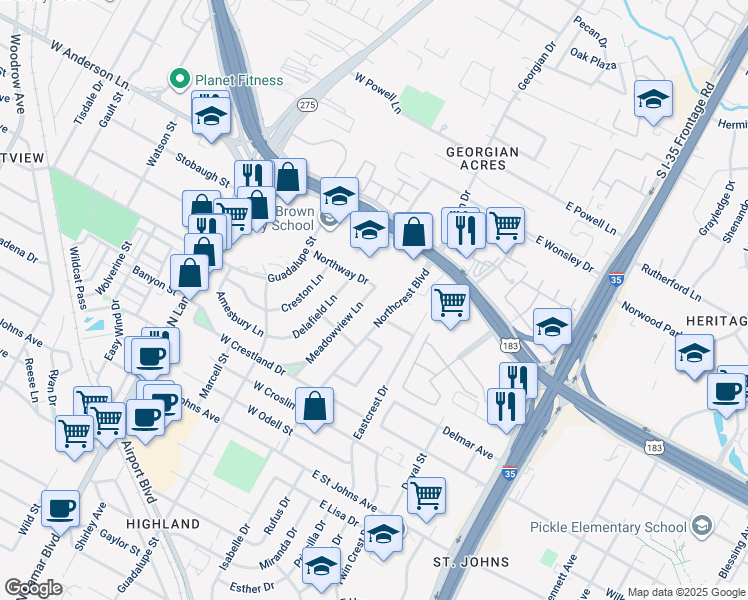 map of restaurants, bars, coffee shops, grocery stores, and more near 7703 Meadowview Lane in Austin