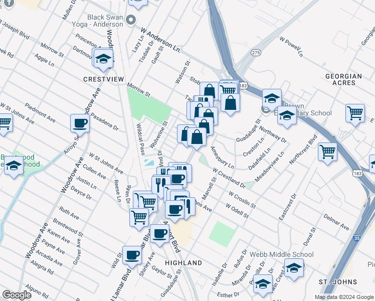 map of restaurants, bars, coffee shops, grocery stores, and more near 7439 North Lamar Boulevard in Austin