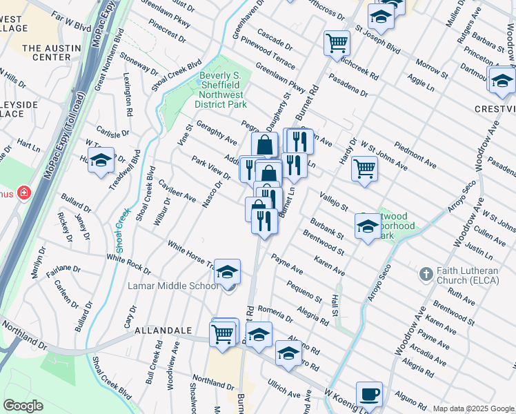 map of restaurants, bars, coffee shops, grocery stores, and more near 6701 Burnet Road in Austin