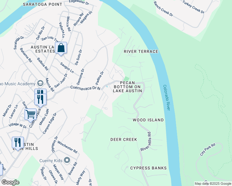 map of restaurants, bars, coffee shops, grocery stores, and more near 2413 Cuernavaca Drive North in Austin