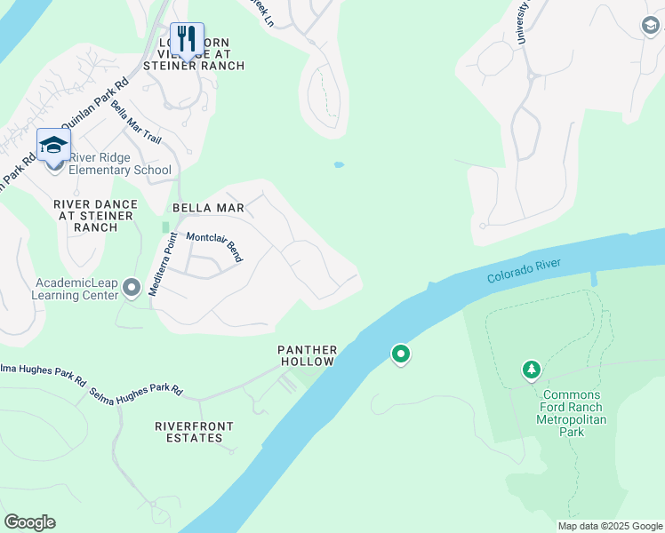 map of restaurants, bars, coffee shops, grocery stores, and more near 116 Piedmont Hills Pass in Austin