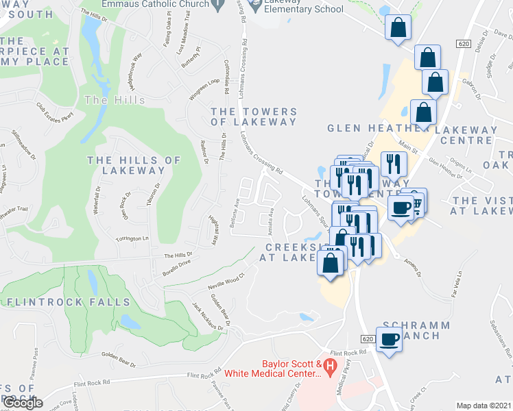 map of restaurants, bars, coffee shops, grocery stores, and more near 206 Versilia Circle in Lakeway