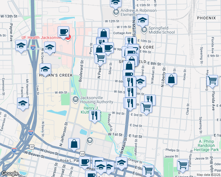 map of restaurants, bars, coffee shops, grocery stores, and more near 143 West 5th Street in Jacksonville