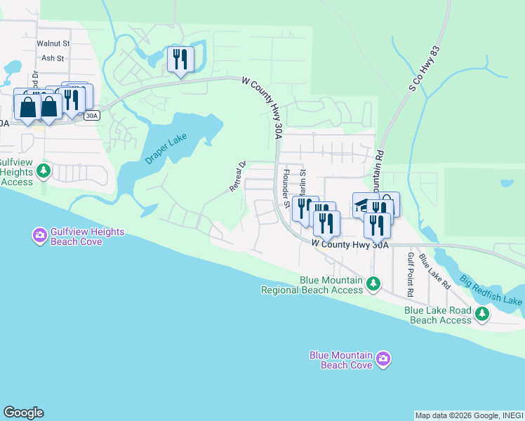 map of restaurants, bars, coffee shops, grocery stores, and more near 67 White Cliffs Boulevard in Santa Rosa Beach